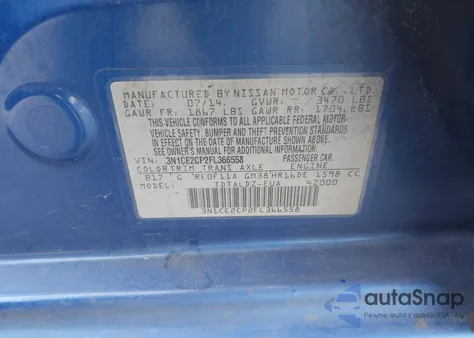 2015 Nissan Versa Note S (Sr)/S Plus/Sl/Sr/Sv z USA, uszkodzony, nr VIN 3N1CE2CP2FL366558